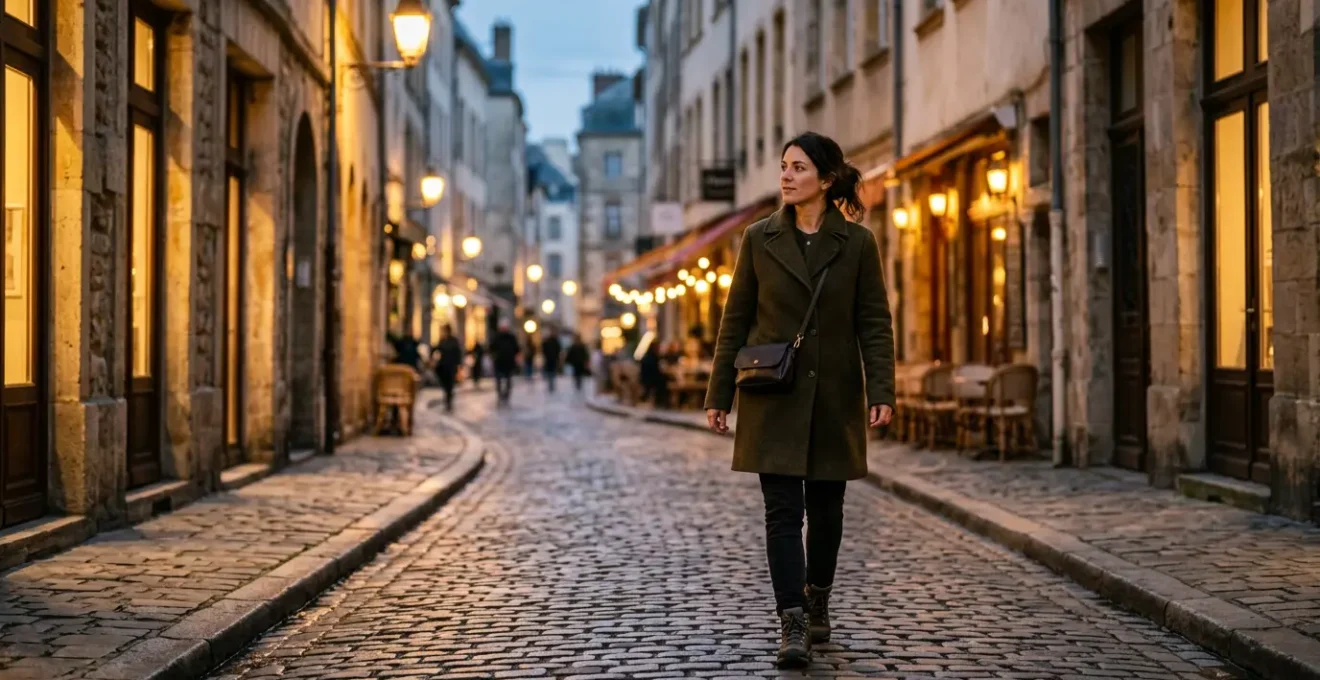 Solo female traveler confidently walking through illuminated European cobblestone street at dusk