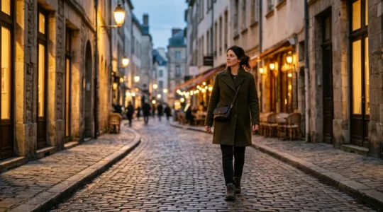 Solo female traveler confidently walking through illuminated European cobblestone street at dusk