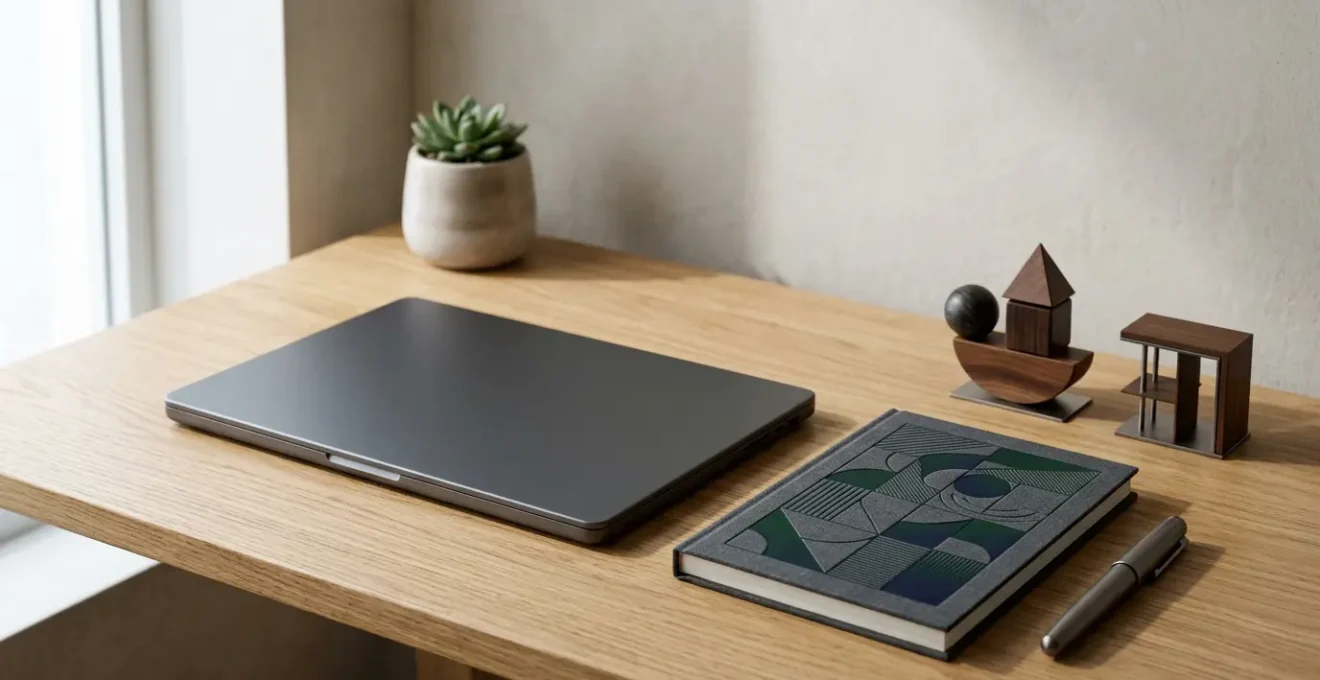 Strategic business decision-making scene showing professional workspace with focus on innovation tools and sustainable growth planning