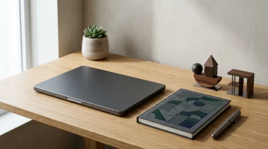 Strategic business decision-making scene showing professional workspace with focus on innovation tools and sustainable growth planning