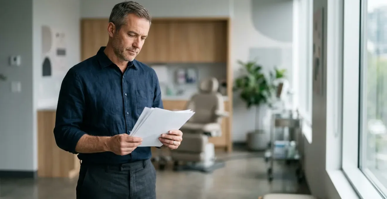 Professional man in business attire during preventative health consultation emphasizing importance of screening