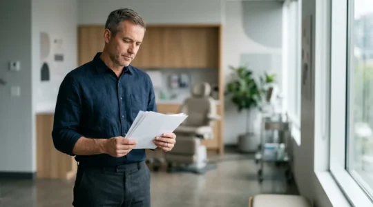 Professional man in business attire during preventative health consultation emphasizing importance of screening