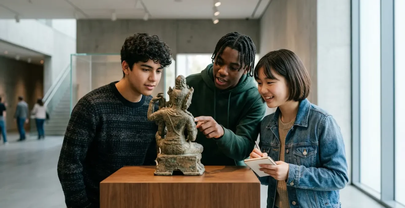 Teenagers actively exploring and discussing historical artifacts in a cultural heritage center, demonstrating engaged learning and curiosity