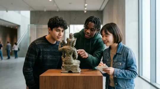 Teenagers actively exploring and discussing historical artifacts in a cultural heritage center, demonstrating engaged learning and curiosity