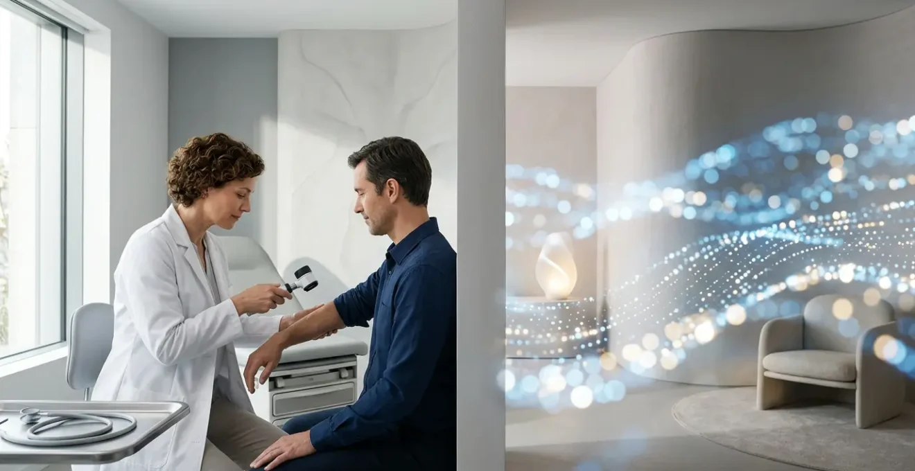 Professional medical consultation setting comparing virtual and traditional dermatology care approaches for patient safety