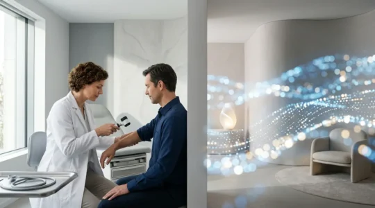 Professional medical consultation setting comparing virtual and traditional dermatology care approaches for patient safety