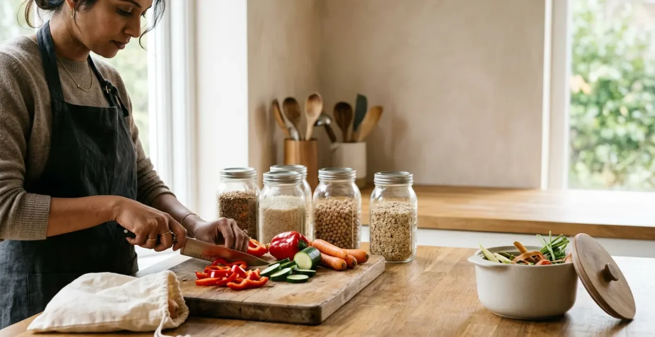 Hands preparing fresh vegetables in a sustainable kitchen with reusable containers and minimal waste