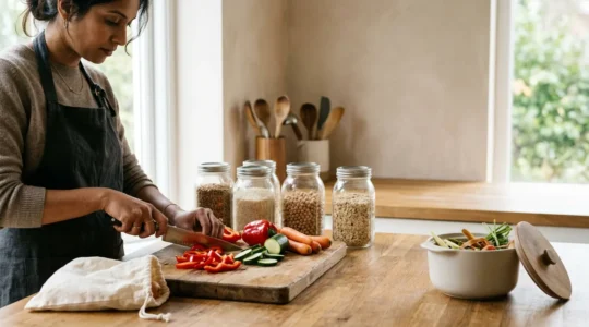 Hands preparing fresh vegetables in a sustainable kitchen with reusable containers and minimal waste