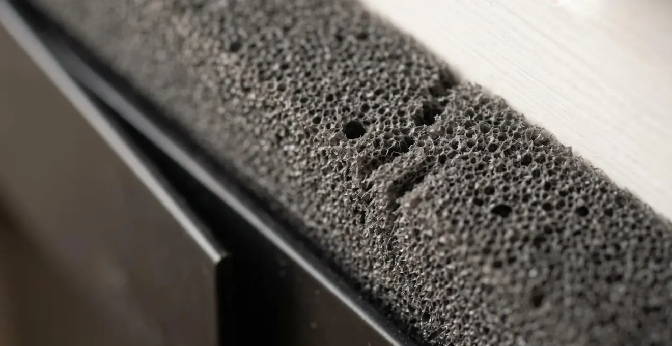 Extreme close-up of door weatherstripping and acoustic seal showing textural soundproofing detail