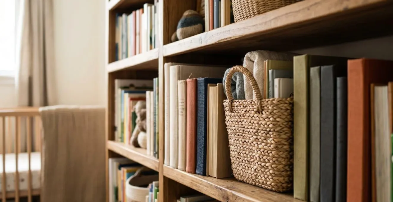 Close-up view of dense wooden bookshelf filled with books against wall, natural textures and layers creating sound dampening mass