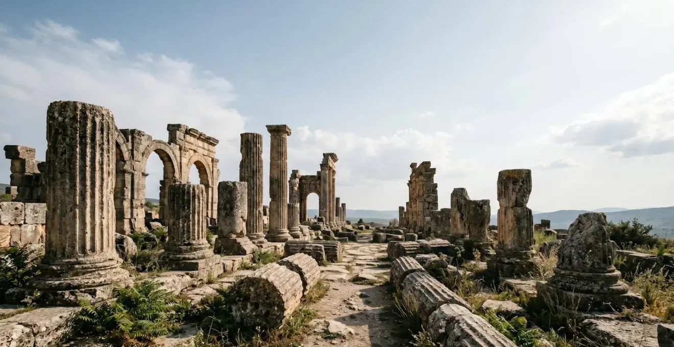 Close-up detail of weathered ancient stone ruins showing natural textures, erosion patterns, and historical architectural elements that spark imagination