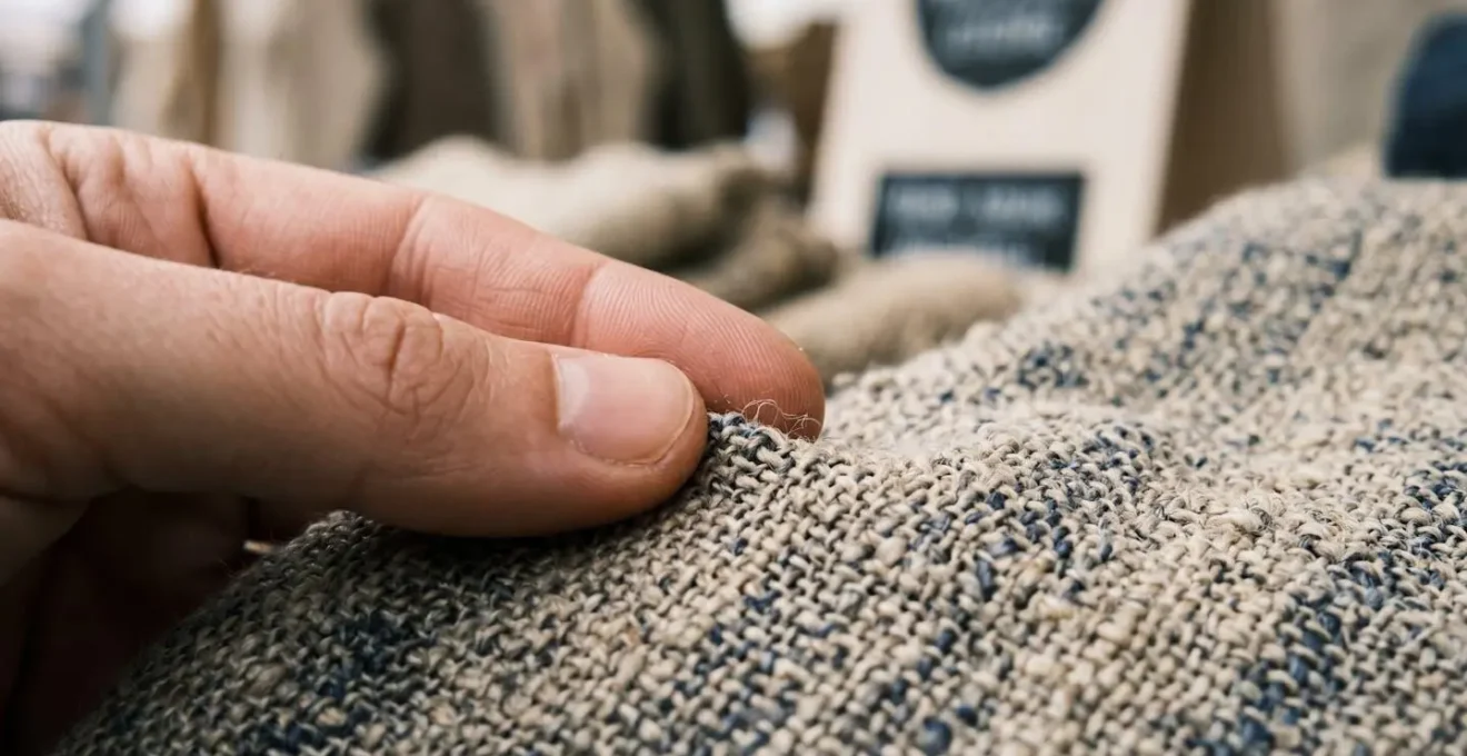 Extreme close-up of artisan's fingers examining handwoven textile detail showing imperfect weave pattern