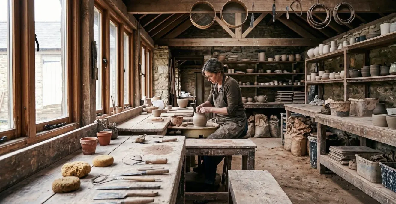Wide angle view of authentic artisan workshop with tools and works in progress
