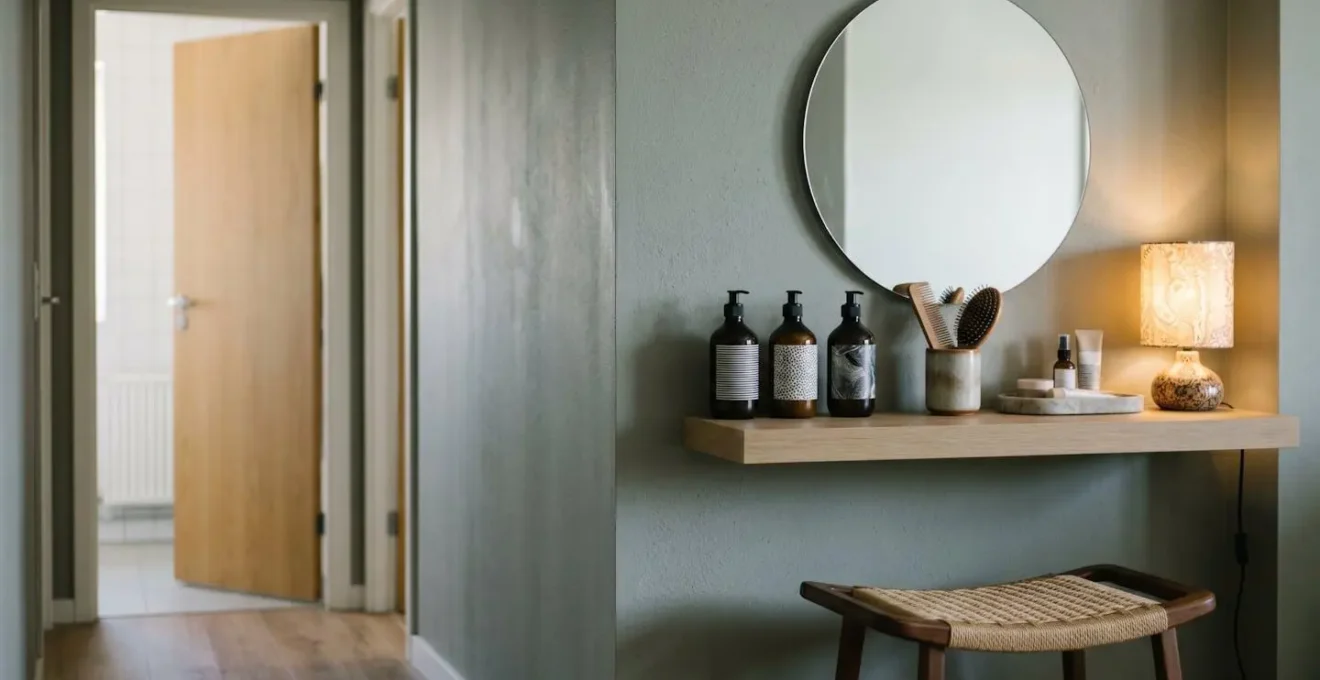 A hallway vanity station with mirror and personal grooming items creating a parallel bathroom workflow