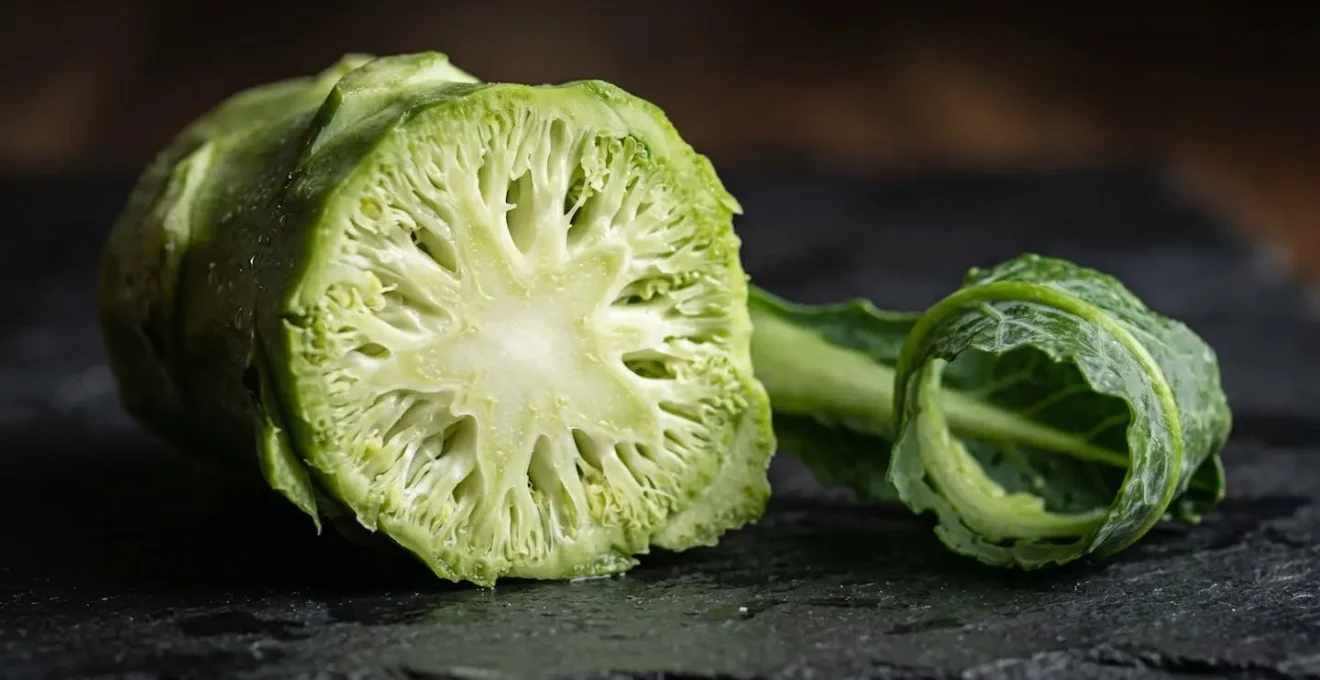Close-up macro shot of freshly peeled broccoli stem revealing tender interior texture