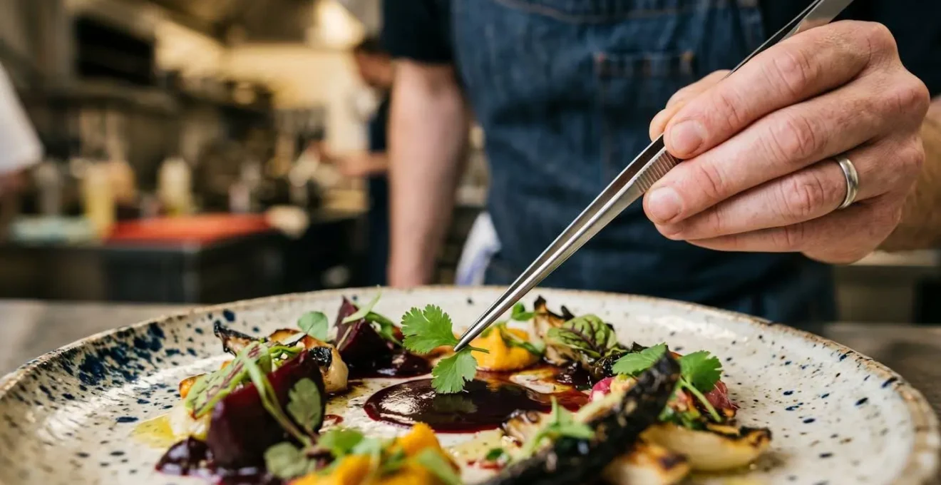 Chef carefully plating an innovative dish during lunch service preparation