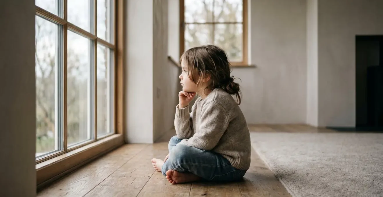 Young child gazing thoughtfully out a window during a quiet moment of boredom, fostering creativity.