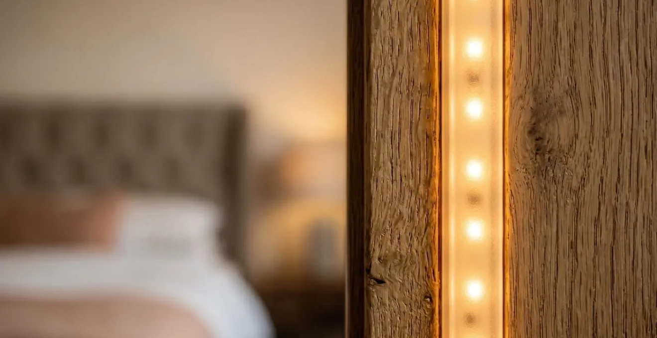 Warm amber LED lighting strips creating a progressive pathway illumination from the bedroom to the bathroom for senior nighttime safety