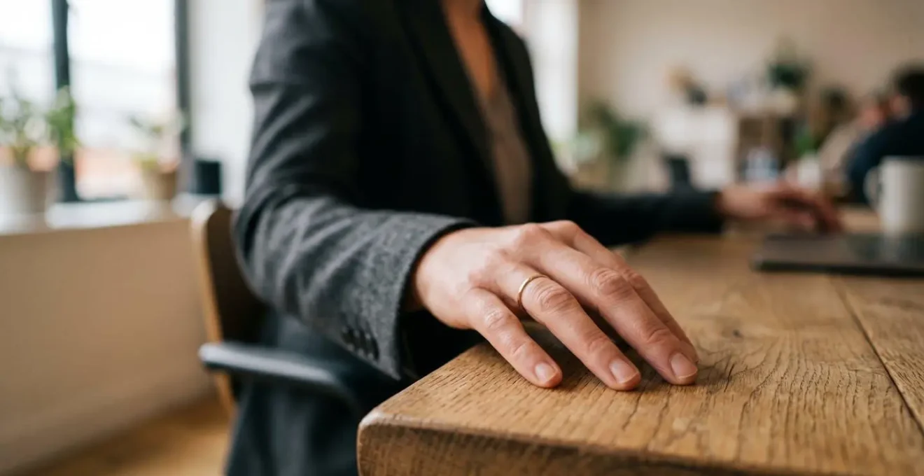 Close-up of hands in a grounding gesture during a brief mindfulness break showcasing tactile awareness