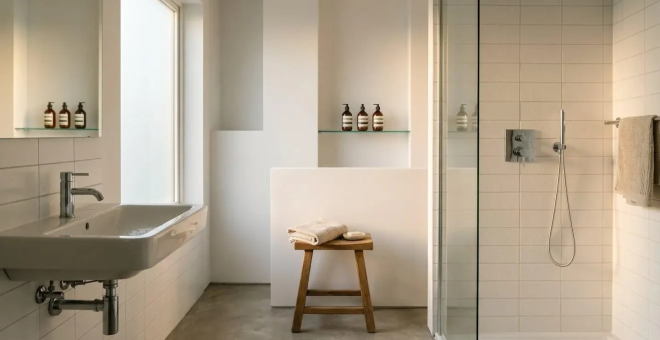Wide environmental shot of a minimalist bathroom with natural morning light emphasizing the cold shower wellness ritual space
