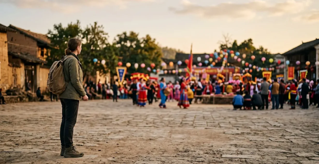 Wide shot of traveler observing local cultural festival from periphery with respectful body language