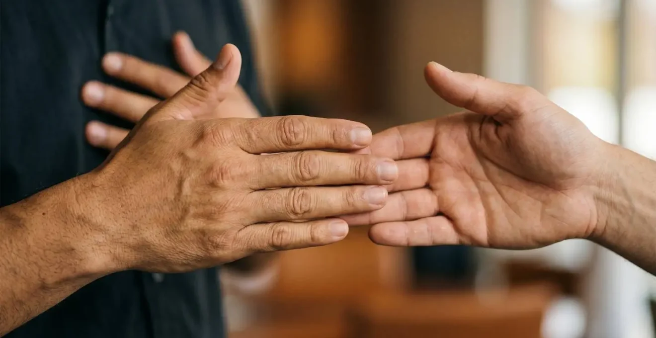 Close-up of hands demonstrating respectful non-verbal communication across cultures