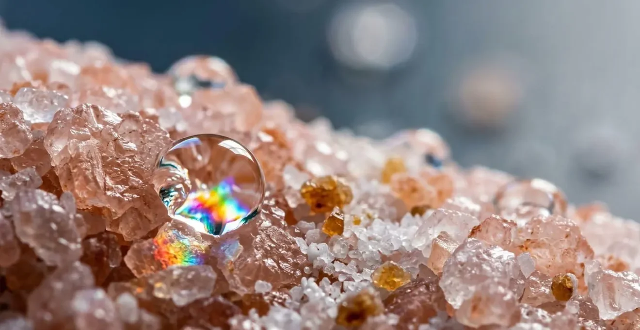 Macro close-up of water droplets and mineral crystals representing cellular hydration and electrolyte balance