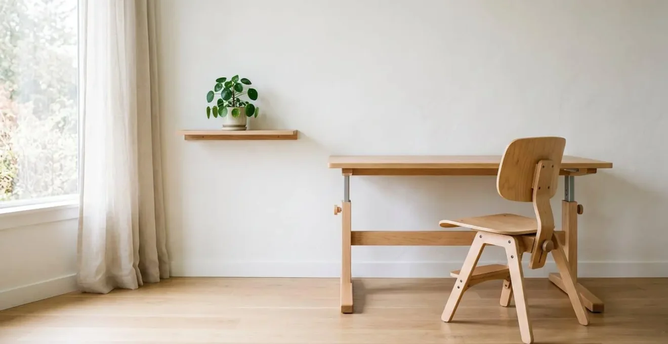 Adjustable desk and chair system showing proper ergonomic alignment in natural lighting