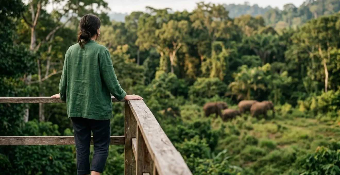 A person observes elephants in their natural forest habitat from a respectful distance at a wooden platform, emphasizing animal welfare over direct tourist interaction.