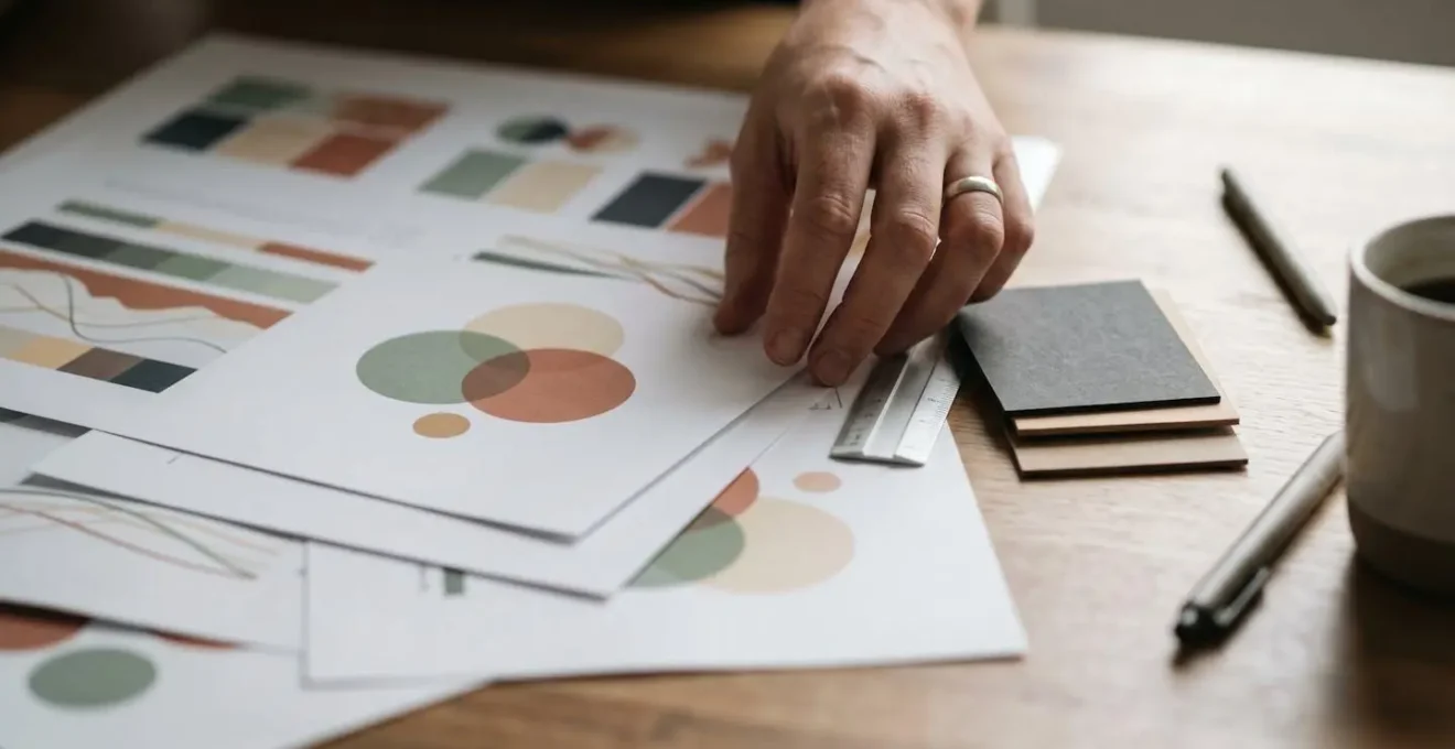 Close-up view of hands working with organized sales data visualization materials on a clean desk