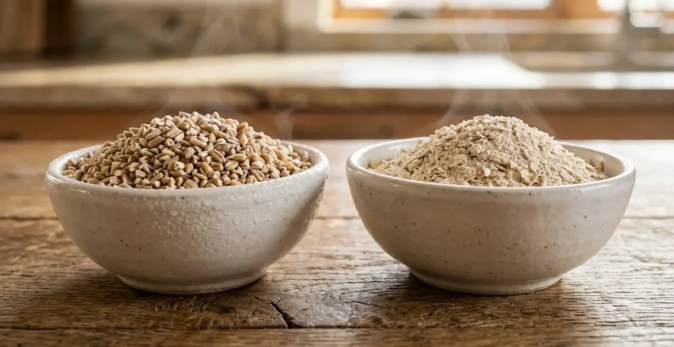 Close-up of steel-cut oats and instant oats side by side showing texture differences