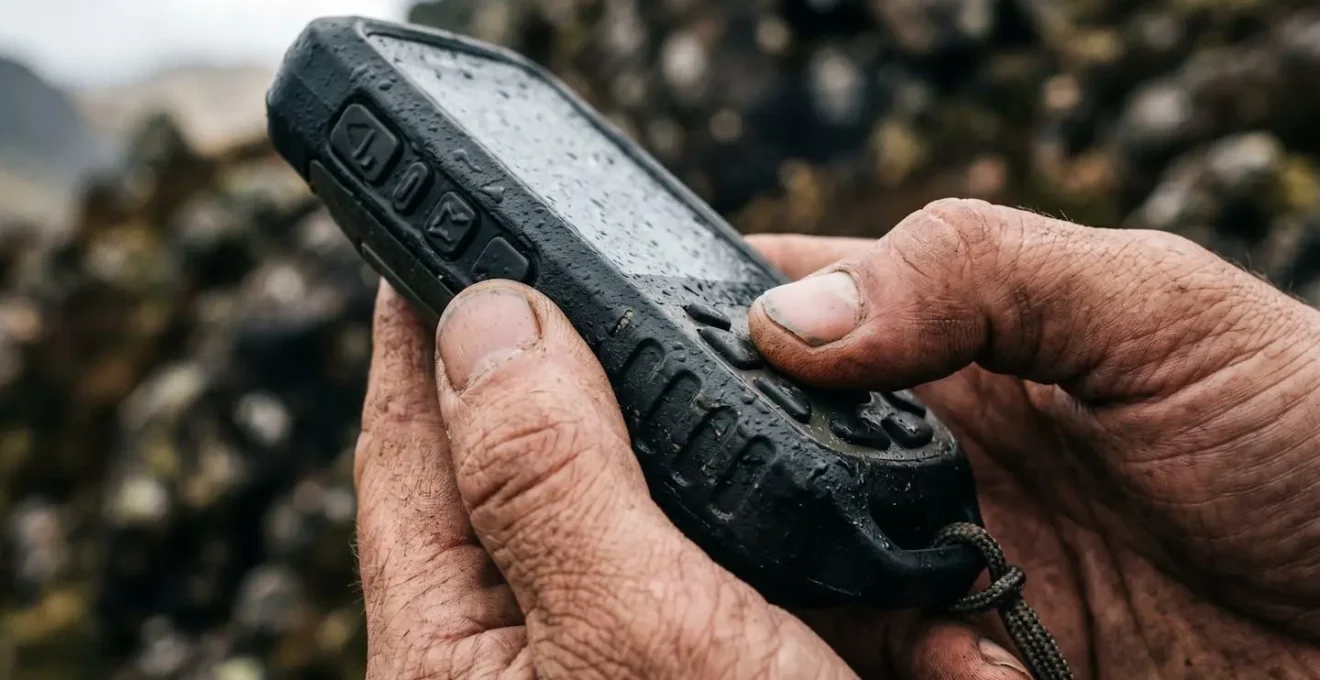 Close-up of handheld GPS navigation device being operated in challenging outdoor conditions