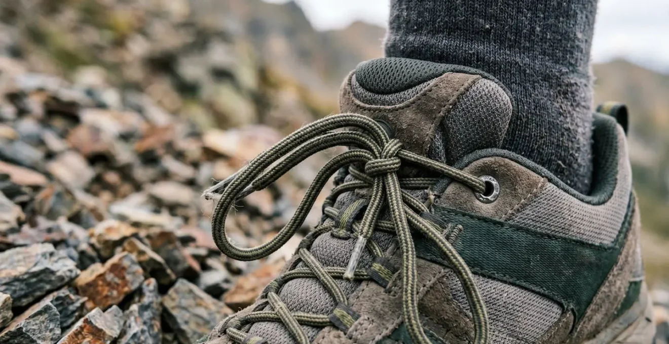 Detailed view of specialized lacing technique on a hiking boot for technical terrain