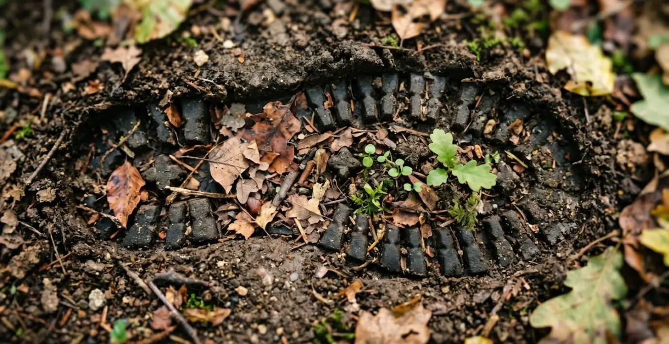 A macro shot of a hiking boot print in soft forest soil, with seedlings emerging, symbolizing the Leave No Trace principle of minimal and temporary impact.