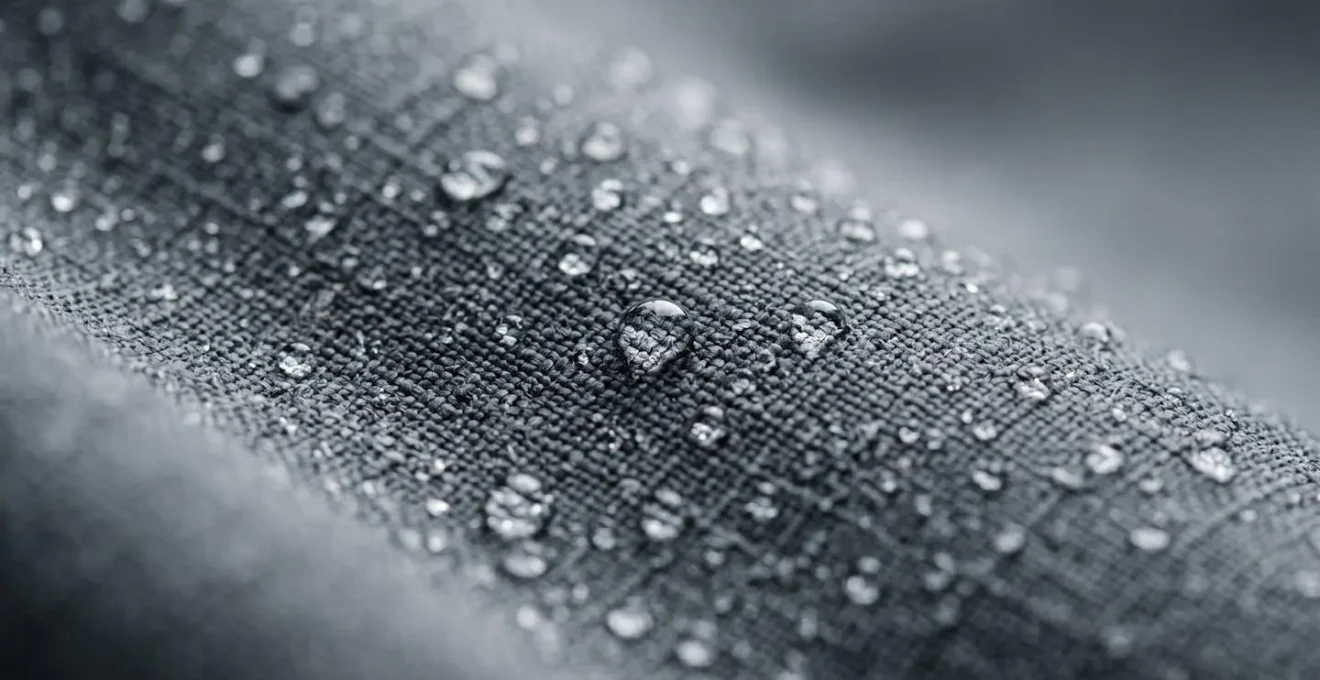 Extreme close-up of waterproof jacket fabric membrane showing texture and material integrity for repair assessment