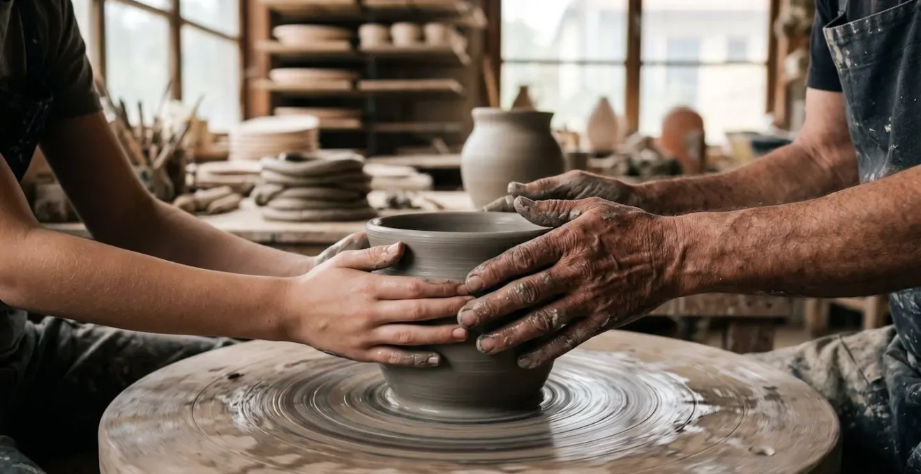 Master artisan's hands guiding apprentice's technique on pottery wheel in a traditional workshop