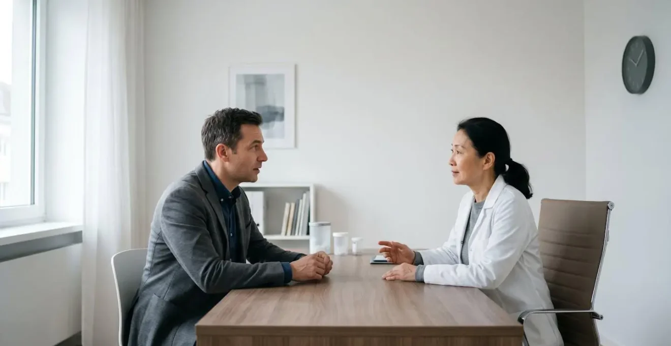 Environmental wide shot of patient and physician reviewing health trends in modern clinical setting
