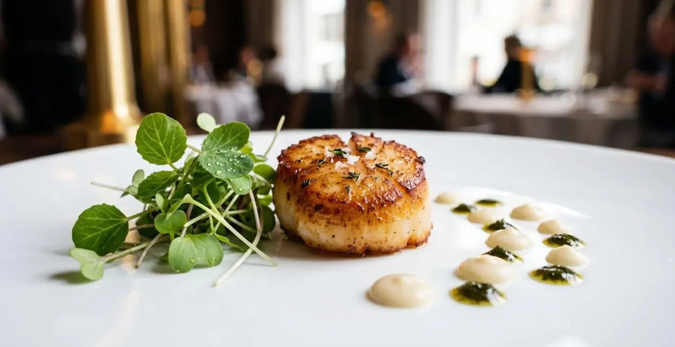 An elegant prix fixe lunch dish served at a Michelin-starred restaurant in Paris with sophisticated plating