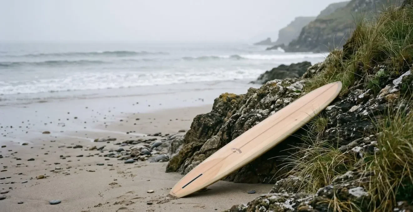 Mid-length surfboard resting on sand during golden hour showing ideal intermediate transition board