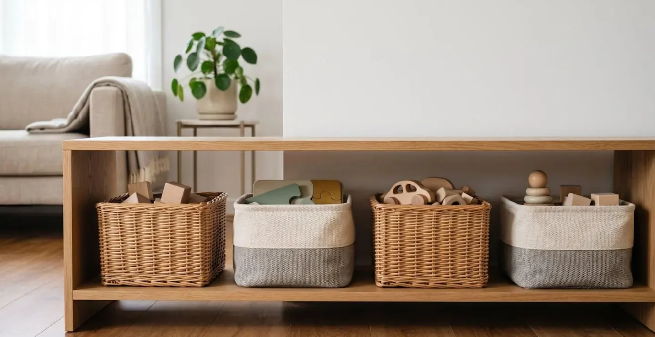 Natural woven baskets on low wooden shelf containing few wooden toys, clean lines and neutral tones blending into adult living space decor