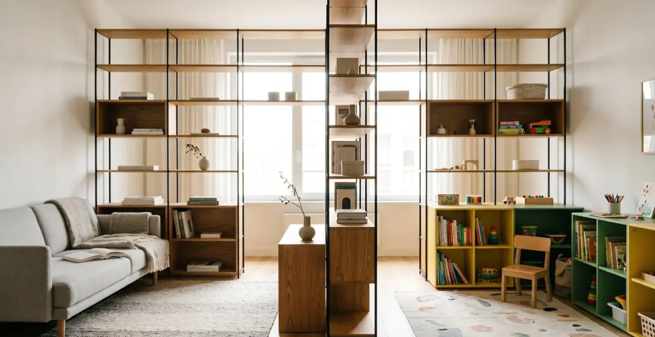 Wide-angle view of open-back modular shelving used as a semi-transparent room divider creating distinct zones in a compact apartment