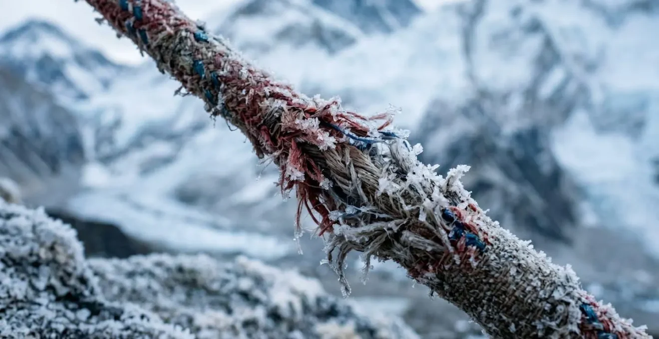 Close-up of worn climbing rope with bokeh background suggesting altitude and isolation