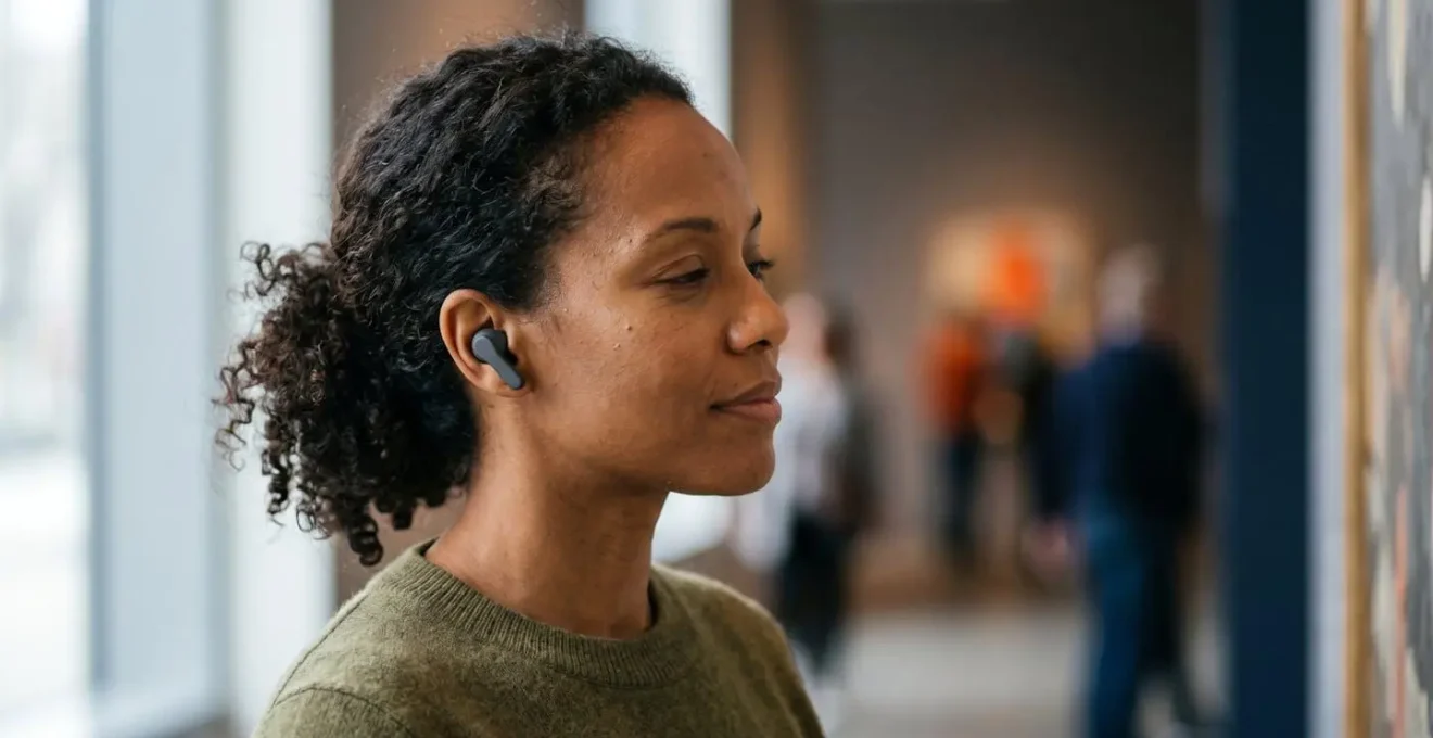 Museum visitor experiencing art through immersive audio in contemplative state