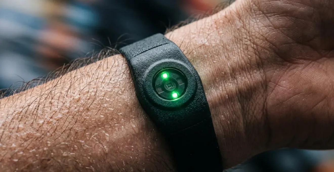 Macro detail of photoplethysmography sensor on wrist during high-intensity exercise