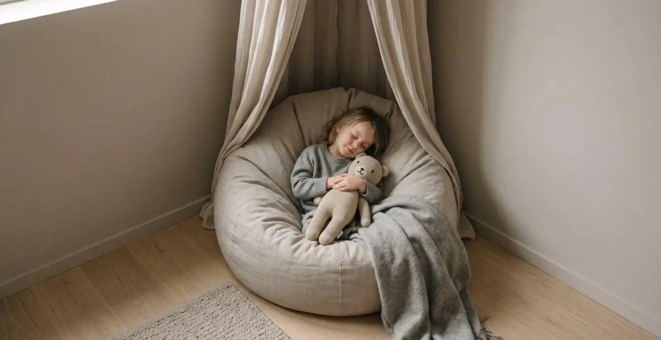 A child seeking quiet retreat in a calm corner with soft textures during a moment of sensory overwhelm.