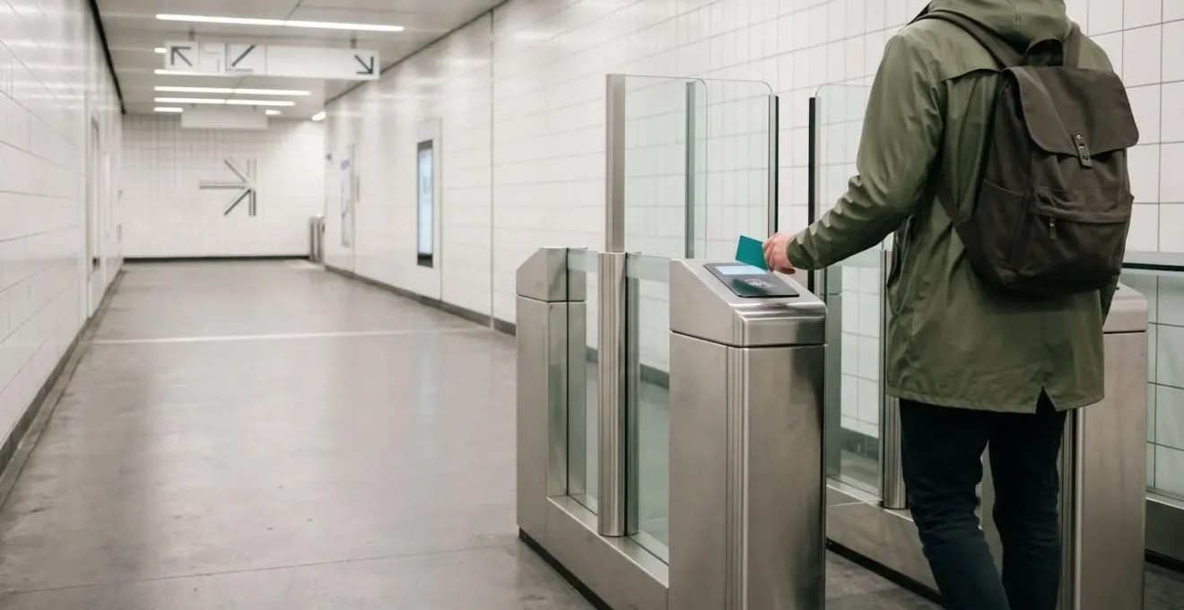A traveler validating a transit pass at a Paris metro turnstile with focused attention