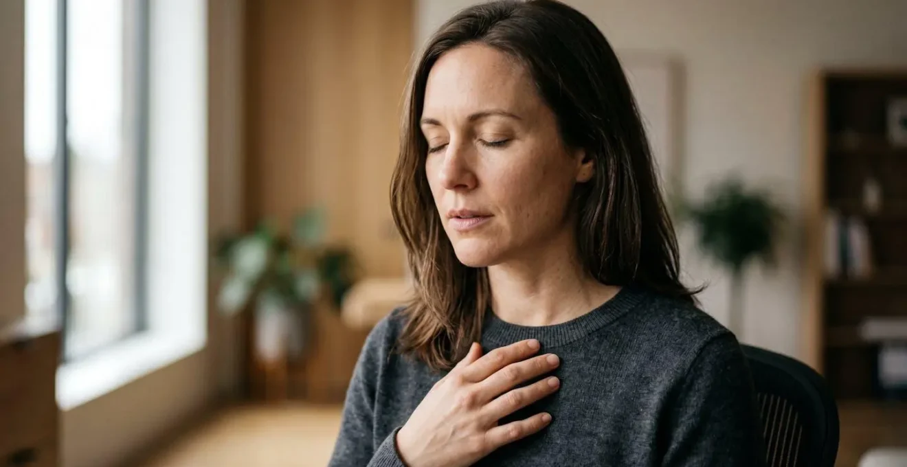 Close intimate portrait of professional performing intentional breathing exercise showing calm focus and physiological control