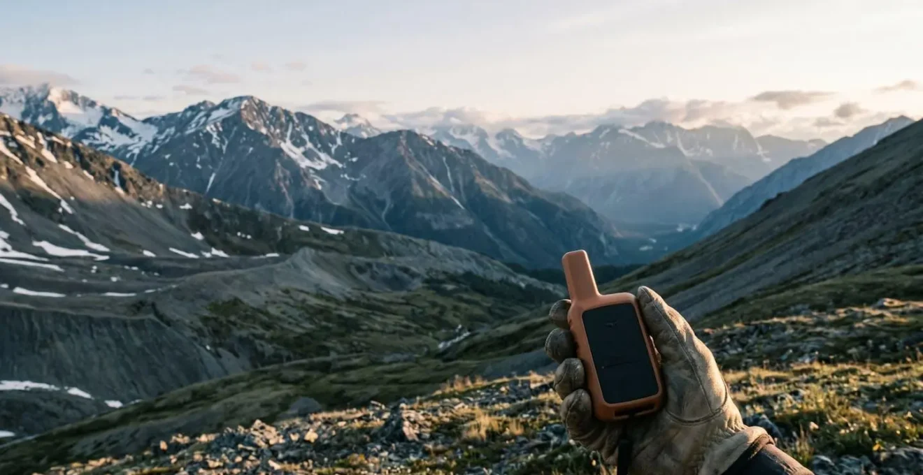 Satellite communication device being used during mountain expedition in remote wilderness area