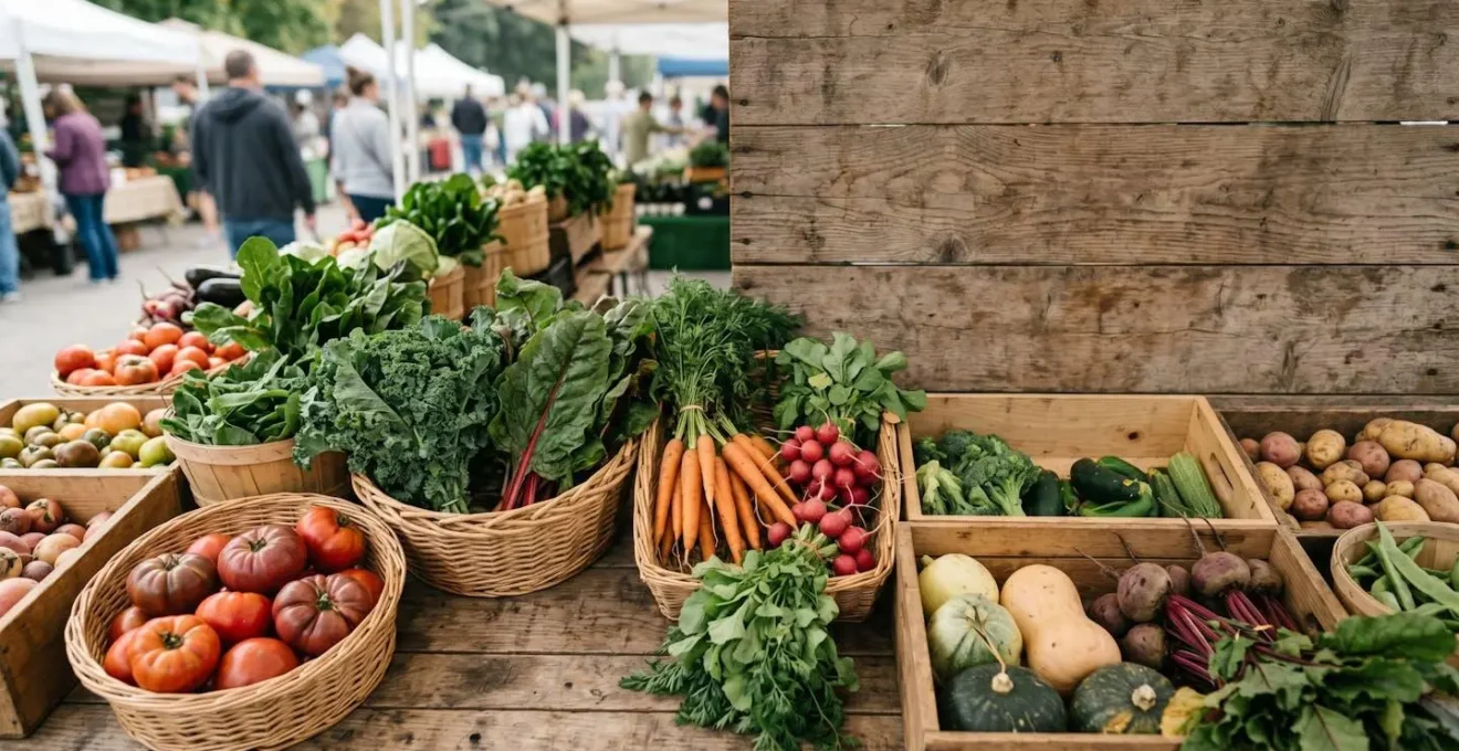 Wide environmental shot of fresh seasonal vegetables displayed at local farmers market