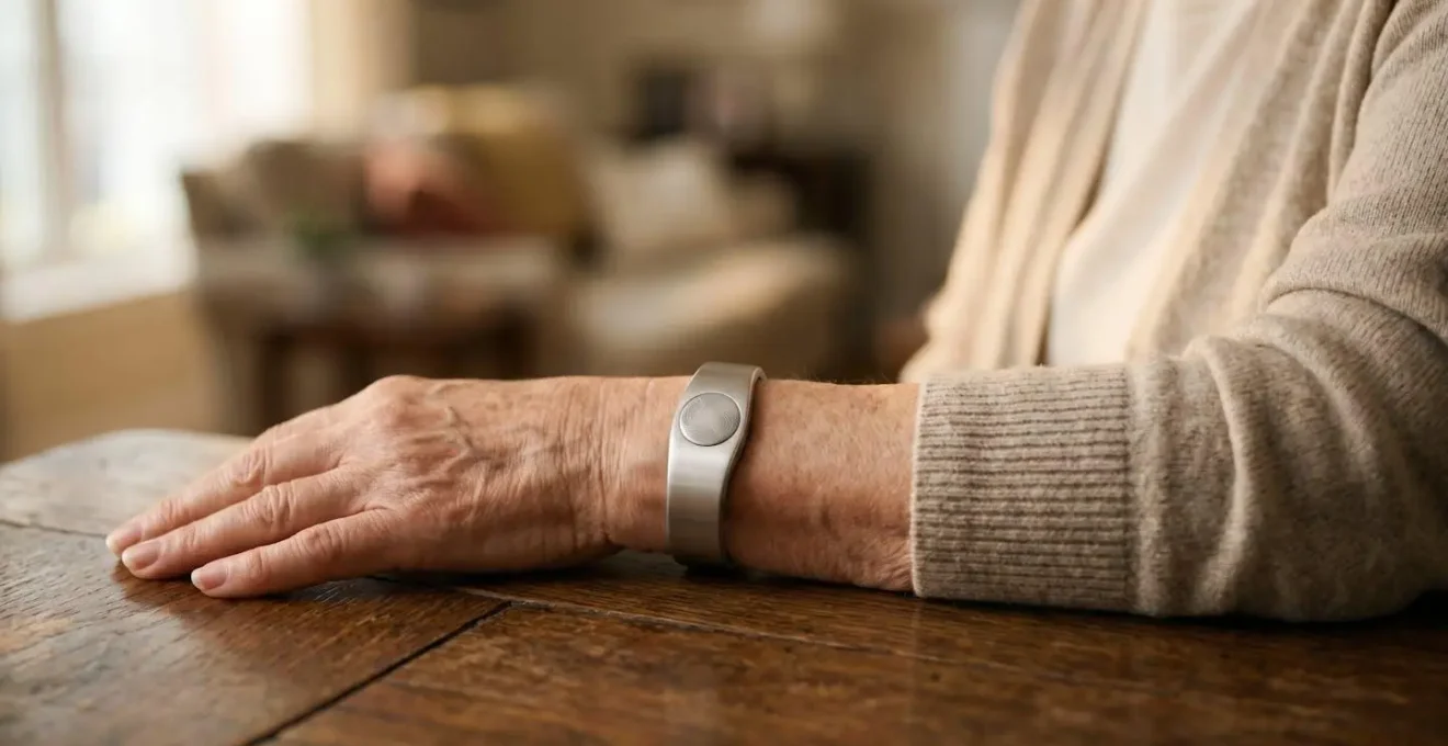 Close-up of elderly person's wrist wearing minimalist smart health monitoring bracelet in natural home lighting